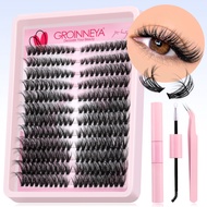 GROINNEYA False Eyelashes 3D Individual Eyelash Glue Set Tweezers Lash Cluster Natural Fluffy Thick 