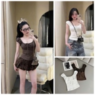 short sleeve T-shirt with U collar, elastic shoulders, bow, Gigi Closet AP1017 80065