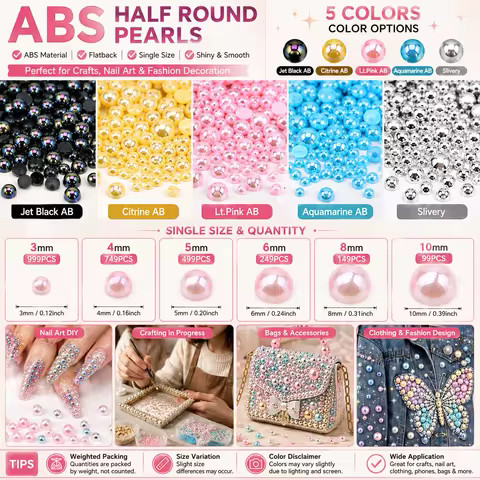 ABS Half Round Flatback Pearls Jet Black AB Citrine AB Lt.Pink AB Aquamarine AB Slivery 3-10mm 99-99