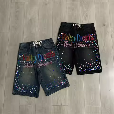 Shinning Diamond Letter Embroidery Washed Denim Shorts for Men and Women Vintage Baggy Rhinestone Ba