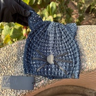 全新KARL LAGERFELD CHOUPETTE 卡爾 拉格斐深藍色銀蔥老佛爺貓咪造型粗針織毛帽