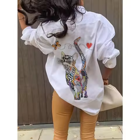Plus Size 1XL-5XL Women's Fashion Spring Autumn Cat Print Blouse Shirt Women's Casual White Shirt To