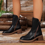 Cod Autumn Thick Heel Brown Short Boots Female British Style Side Zipper High Heel Polish Color Retr