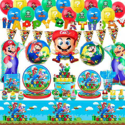 Mario Birthday Party Supplies,123 Pcs Super Mario Party Supplies-Mario Bros Banner Balloons Plates e