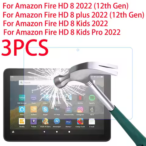 3PCS Tempered Glass For Amazon Fire HD 8 Plus Kids Pro 2022 HD Screen Protector For Fire HD 8Plus Fu