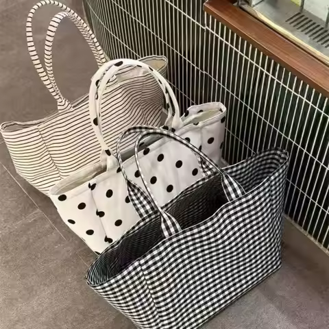 Polka Dot Print Canvas Tote Bag Stripes Print Check Print Large Capacity Tote Canvas Material Large 