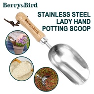 Berry&amp;Bird Multifunction Stainless Steel Lighter Gardening Hand Potting Scoop with Wooden Handle for Transplanting Digging Containing Soil Mixing Fertilizer