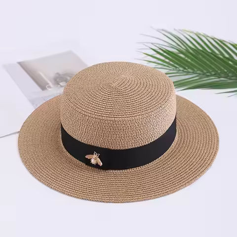 new Ladies Sun Fedora Hats Small Bee Shiny Straw Hat European American Retro Gold Braided Female Sun