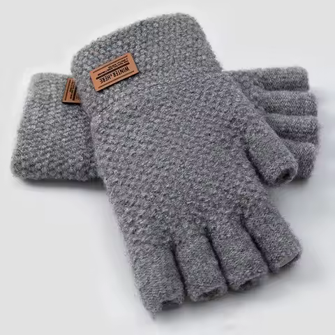Winter Warm Fingerless Glove Men Elastic Flexible Knitting Thicken Plush Touchscreen Glove Solid Col