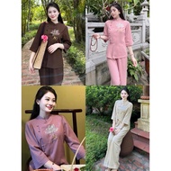 Set of blue clothes to go to the Buddhist temple, made of velvet, V-neck shirt with pearls embroider