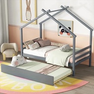 House Bed With Trundle, Solid Wood Twin Size Playhouse Platform Bed With Roof, House Shaped Daybed F