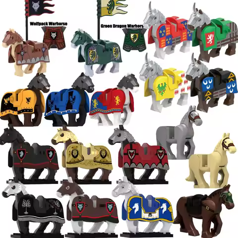 Medieval Military Castle War Horse Building Blocks Green Dragon Forest Wolf Bat Lion Knight War Warr
