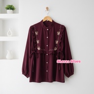 Elysia SML XL XXL 5L Embroidered Crinkle Blouse Top Jumbo TrendyWanita Ld 140 130 120 White Burgundy