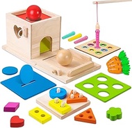 6-in-1 Wooden Play Kit Montessori Toy, Object Permanence Box, Coin Box, Carrot Harvest, Catch Worm, Shape Sorter - Toddler Learning Toy for Kid Age 1, 2, 3 Year Old, Girl boy Gift for Baby 6-12 Month