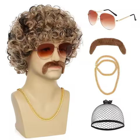 5pcs Set 70s 80s Disco Wig with Mustache Glasses Artificial Wolf Necklace Gold Chain Short Curly Syn