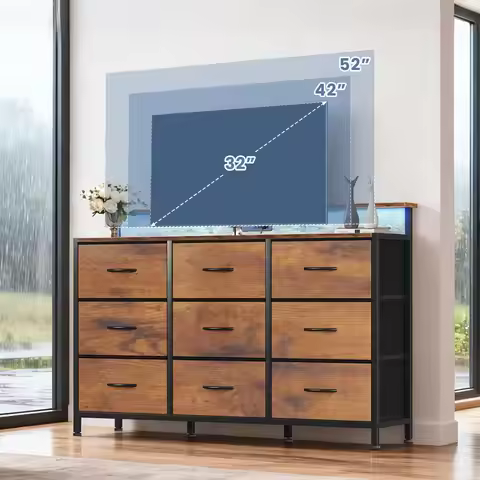 JHK TV Stand Dresser with 9 Fabric Drawers Wood Top Media Console for 32-52 inch TV Stand with Stora