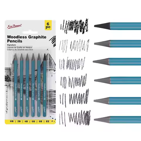 Professional Woodless Graphite Sketching Pencils Set 6 Pack (HB 2B 4B 6B 8B EE) Charcoal Drawing Pen