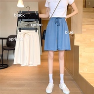 Ready Stock Women Straight Jeans Brief Plain Colour Pants Ice Silk Capris High Waist Wide Leg Shorts