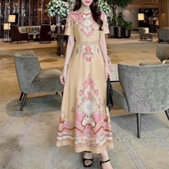 ZANZEA ชุดเดรสยาวมีเสื้อแขนสั้นมีปกตั้งสำหรับวันหยุดของผู้หญิงชุดเดรสยาวพิมพ์ลายพื้นเมือง #0119