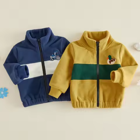 FOCUSNORM 0-4Y Toddler Baby Boys Fleece Jacket Fashionable Tractor/Duck Embroidery Long Sleeve Zip U