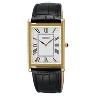 Jam Tangan Pria Seiko Classic SWR104 SWR104P1 Gold Bezel Silver Dial Leather Strap Quartz Original