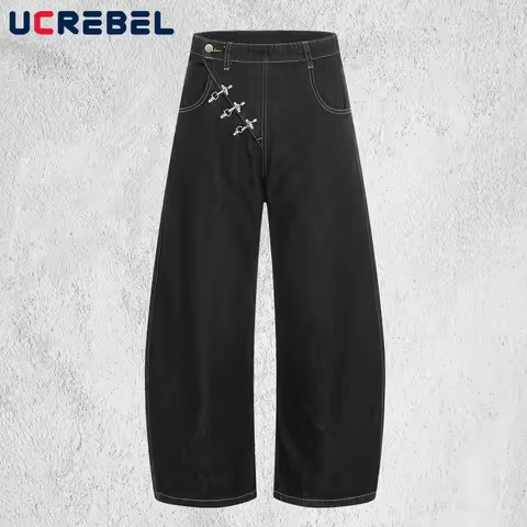 Airplane Buckle Jeans Mens High Street Wide Leg Baggy Denim Pants Man