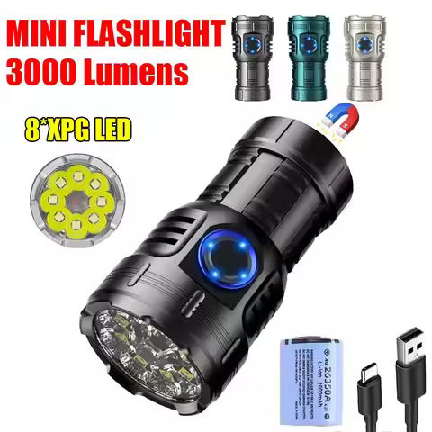 High Bright 8 LED Flashlight Aluminum Alloy Tactical Flashlight 26350 Battery Type-C Rechargeable Ma