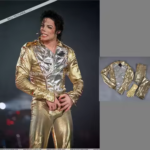 Michael Jackson History BAD Golden Spandex Double Breasted Woven Jacket Pants Gloves Full Set Perfor
