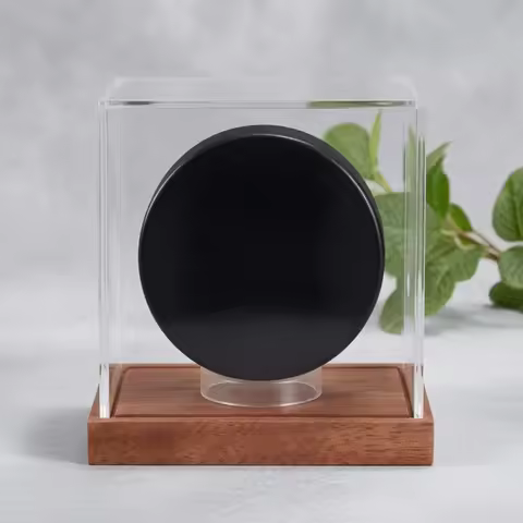 Hockey Puck Display Case with Wooden Base Transparent Hockey Puck Display Case Desktop Protection fo