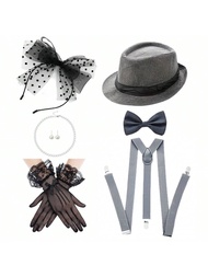 9pcs/Set Summer Hot Selling 1940s Gentleman's Ball Costume Set For Men & Women, Includes Lace Headba