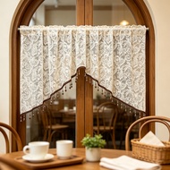 White Flower Woven Lace Short Curtain Swag Valance with Luxury Beads for Arched Door Rod Pocket Scal