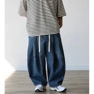 halo Selection Korea farmers Stitching Pleated Denim Trousers Lace-Up Men Women Unisex 2 Colors