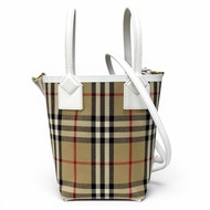 成色極佳★Burberrys 8072348 帆布 Nova 格紋皮革飾邊迷你倫敦手提包/雙肩包 米色/白色 義大利製造 女士 附防塵袋