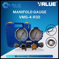 VALUE ®️ VMG-4-R32 (R32 /R134A /R410A /R407C) DUAL GAUGE 4 WAY MANIFOLD SET C/W CHARGING HOSE