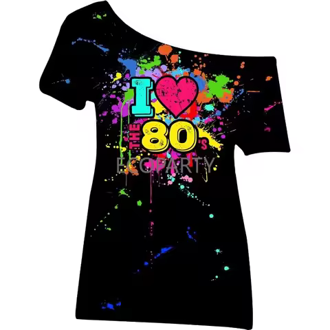 Oversized 80s Outfit for Women Plus Size I Love The 80's Costumes 80s Off Shoulder T-Shirt Tops Neon