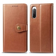 全城熱賣 - 適用於索尼 Sony Xperia 10 II 復古純色皮紋搭扣手機皮套帶掛繩&相框&卡槽&錢包&支架功能（棕色）