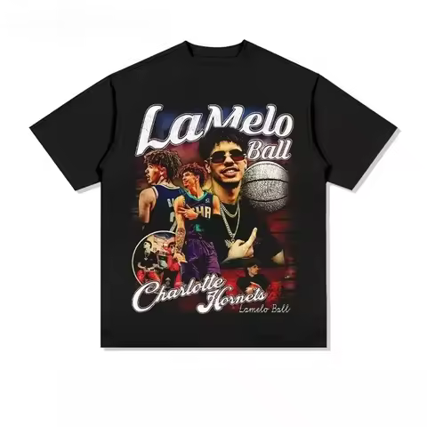 New Arrives Summer Mens LaMelo Three Ball Bauer Print Cotton T Shirts Trend Vintage Tees Men's Short
