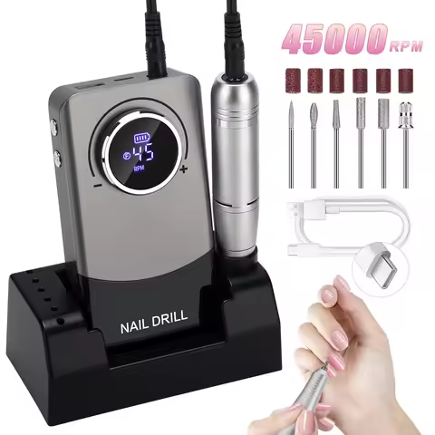 Professional nail sander, 6 drill bits and sanding belt, 45000 RPM nail drill V9 with LED display, U