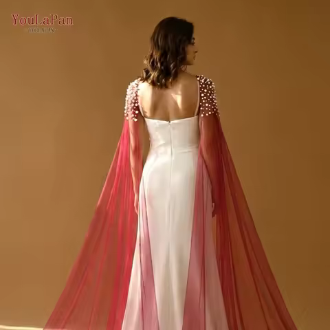 TOPQUEEN Wine Red Pearl Shawl Long Bridal Shawl Two-Piece Women'S Shawl Chiffon Detachable Long Slee