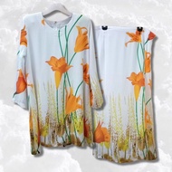 [L-XL] Baju Kurung Moden Chiffon Putih Orange Floral Zip Belakang Bundle