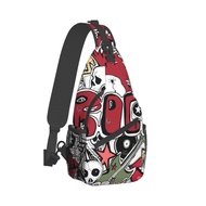 Crazy Punk Rock Abstract Skulls Pins Guitars Disk Stars Lips Sling Bag Crossbody Backpack Hiking Day