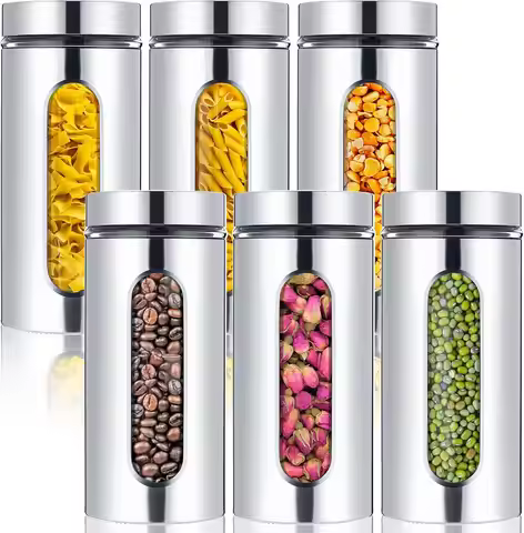 Airtight Kitchen Canisters Set - 6 Pack, 44 oz Glass & Stainless Steel Containers for Coffee, Sugar,