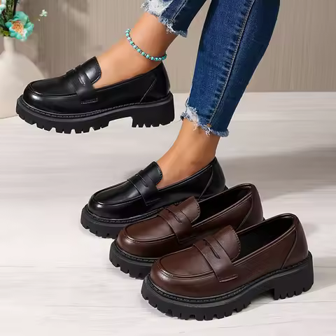 Women Penny Platform Loafer Shoes Slip On Chunky Lug Sole Round Toe Vintage Preppy Office Casual Dre