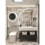 （in stock）Modern Minimalist Solid Wood Bathroom Cabinet Combination Light Luxury Smart round Mirror Washbasin Bathroom Table Customization