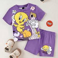 Baby Girl Cartoon Tweety Bird & Rainbow Print Cute Casual Pink Short Sleeve T-Shirt And Shorts Set