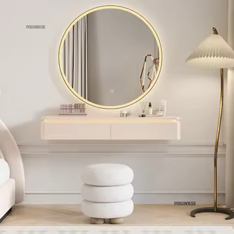 Cream Style Solid Wood Bedroom Makeup Vanities Wall Mounted Floating Design Dressing Table Home Smal