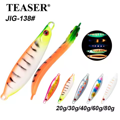 TEASER J138 20g 30g 40g 60g 80g saltwater fishing metal jigging lure hard jig bait luminous sinking 
