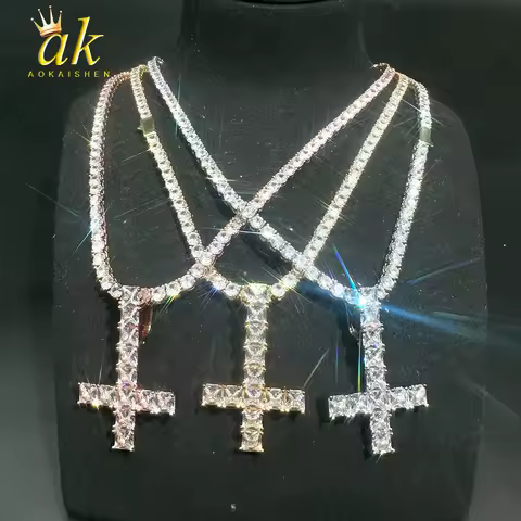 Aokaishen Cross Pendant Necklace Hip Hop Jewelry for Women AAAAA Cubic Zirconia