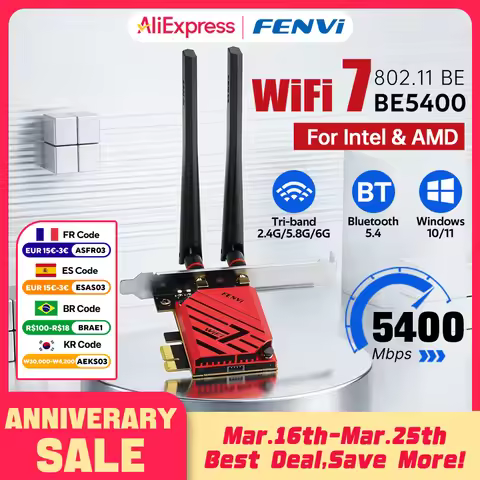 fenvi WiFi 7 Pcie Wireless Adapter Bluetooth 5.4 MT7925 WiFi7 Network Card BE5400 Tri Band 2.4G/5G/6