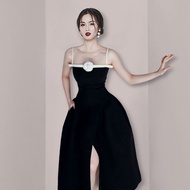 Black vintage dress Hepburn style split sling bow dress